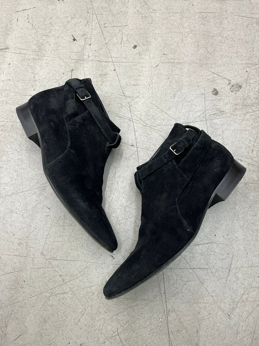 2010s Saint Laurent Buckle Strap Black Suede Leather Boots BHhUCuAS 1