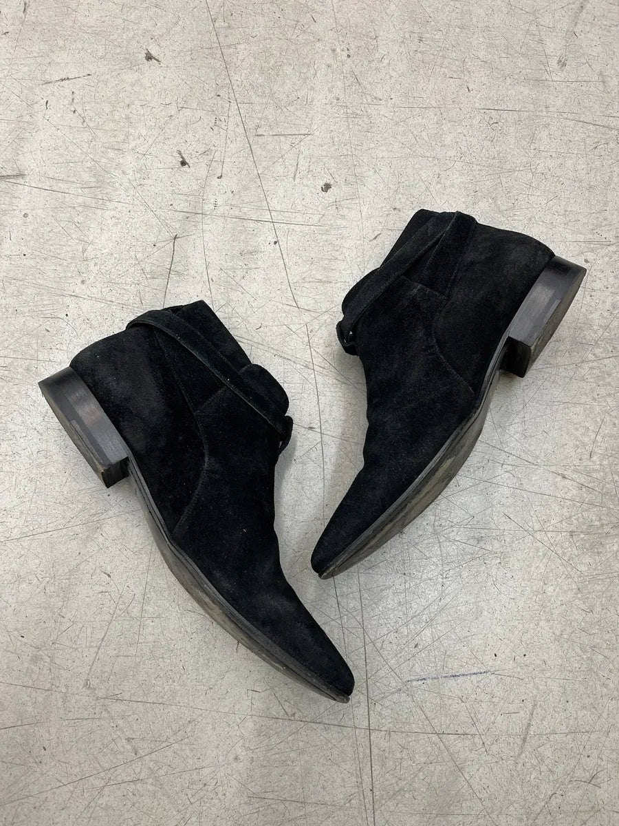 2010s Saint Laurent Buckle Strap Black Suede Leather Boots BHhUCuAS 2