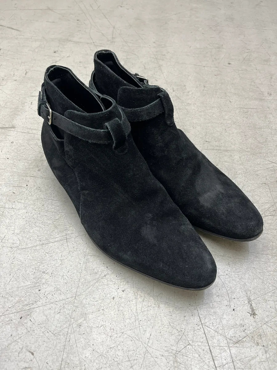 2010s Saint Laurent Buckle Strap Black Suede Leather Boots BHhUCuAS 3