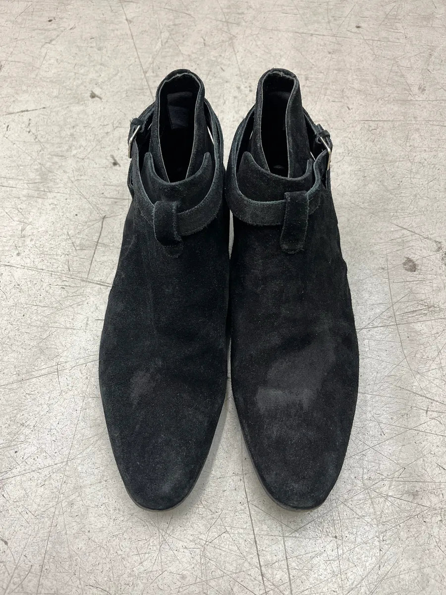 2010s Saint Laurent Buckle Strap Black Suede Leather Boots BHhUCuAS 4