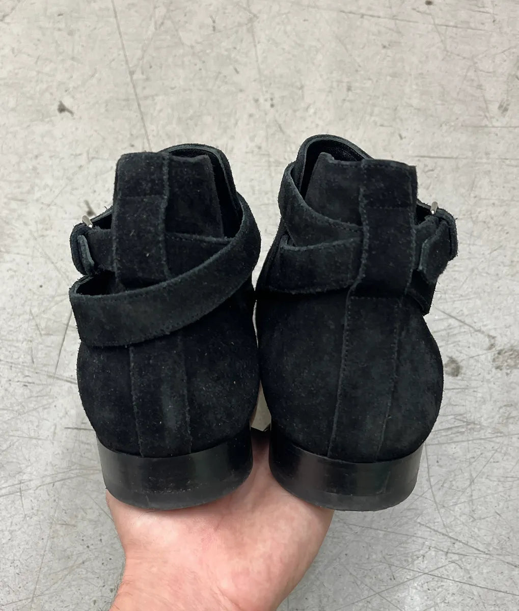 2010s Saint Laurent Buckle Strap Black Suede Leather Boots BHhUCuAS 5