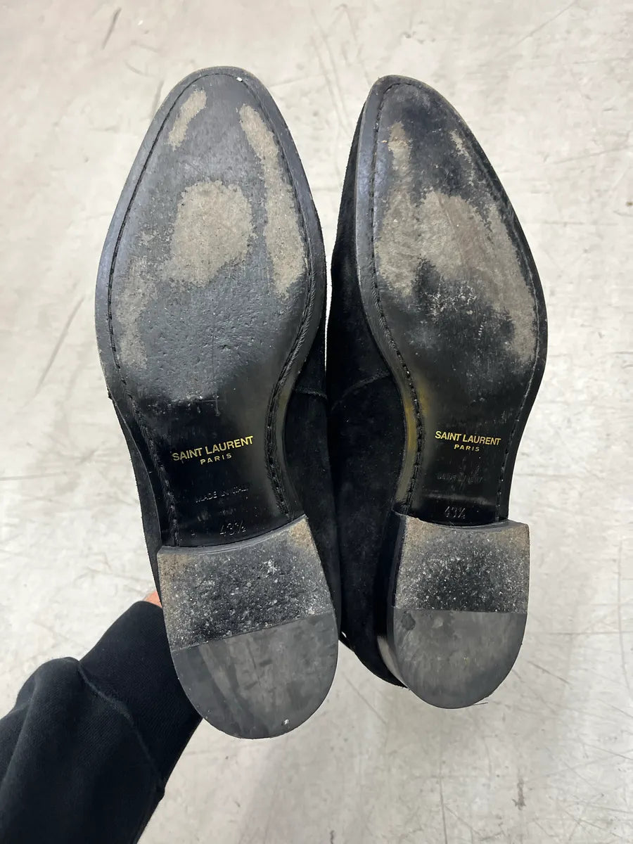 2010s Saint Laurent Buckle Strap Black Suede Leather Boots BHhUCuAS 6
