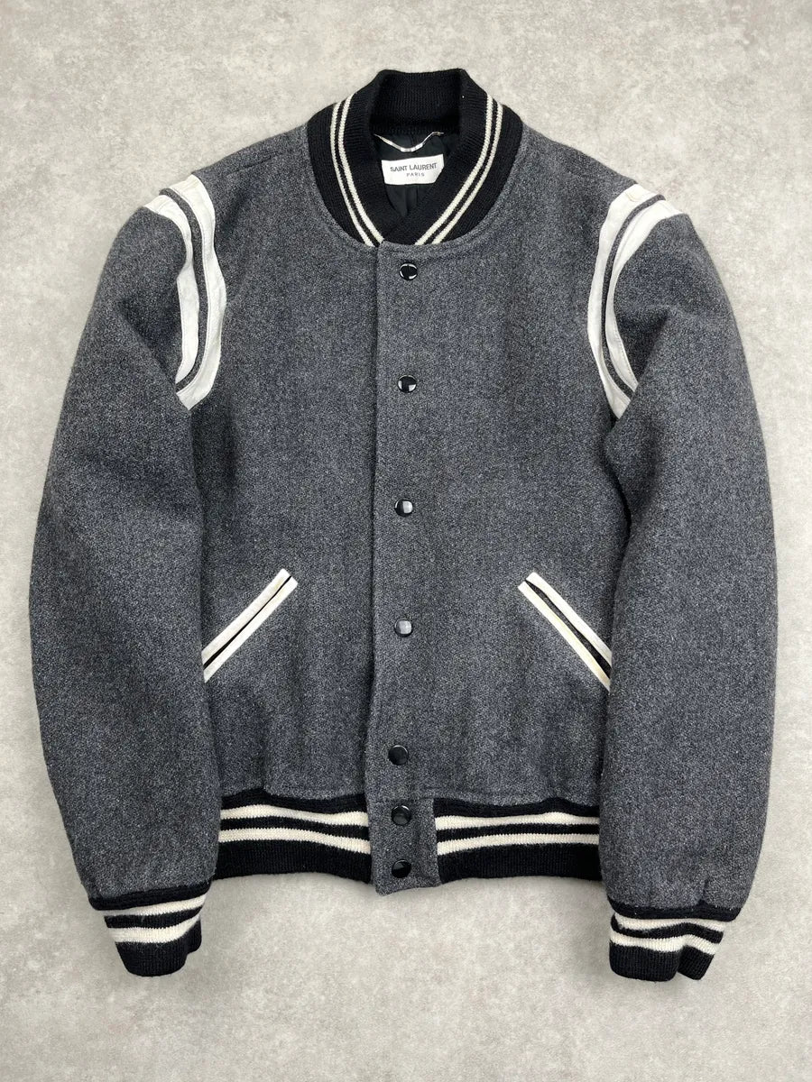 AW2017 Saint Laurent Grey Wool Leather White Stripe Teddy Jacket BIpVTqXF 0