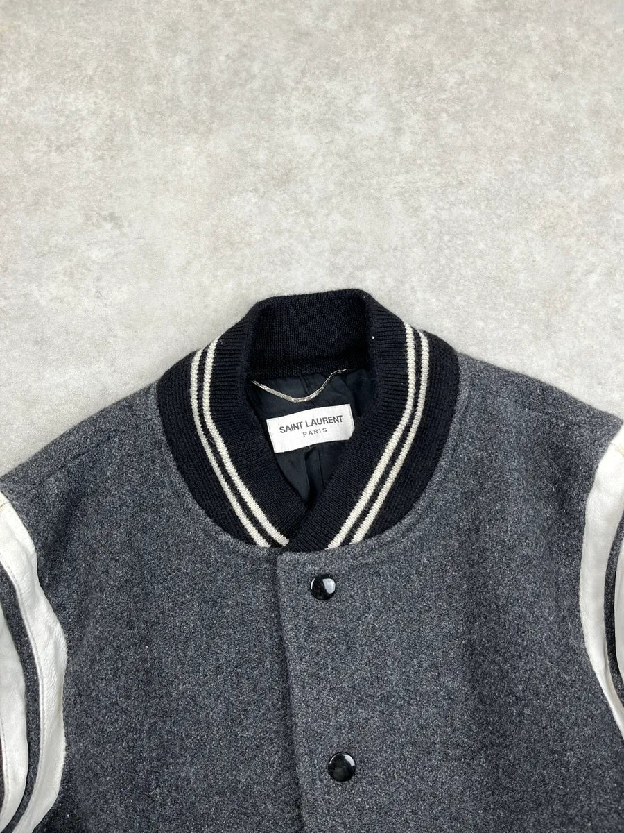AW2017 Saint Laurent Grey Wool Leather White Stripe Teddy Jacket BIpVTqXF 5