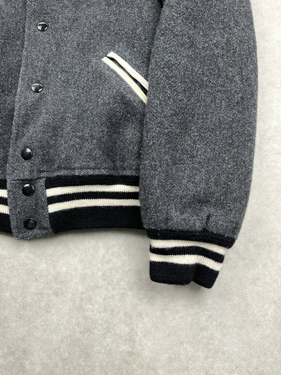 AW2017 Saint Laurent Grey Wool Leather White Stripe Teddy Jacket BIpVTqXF 8