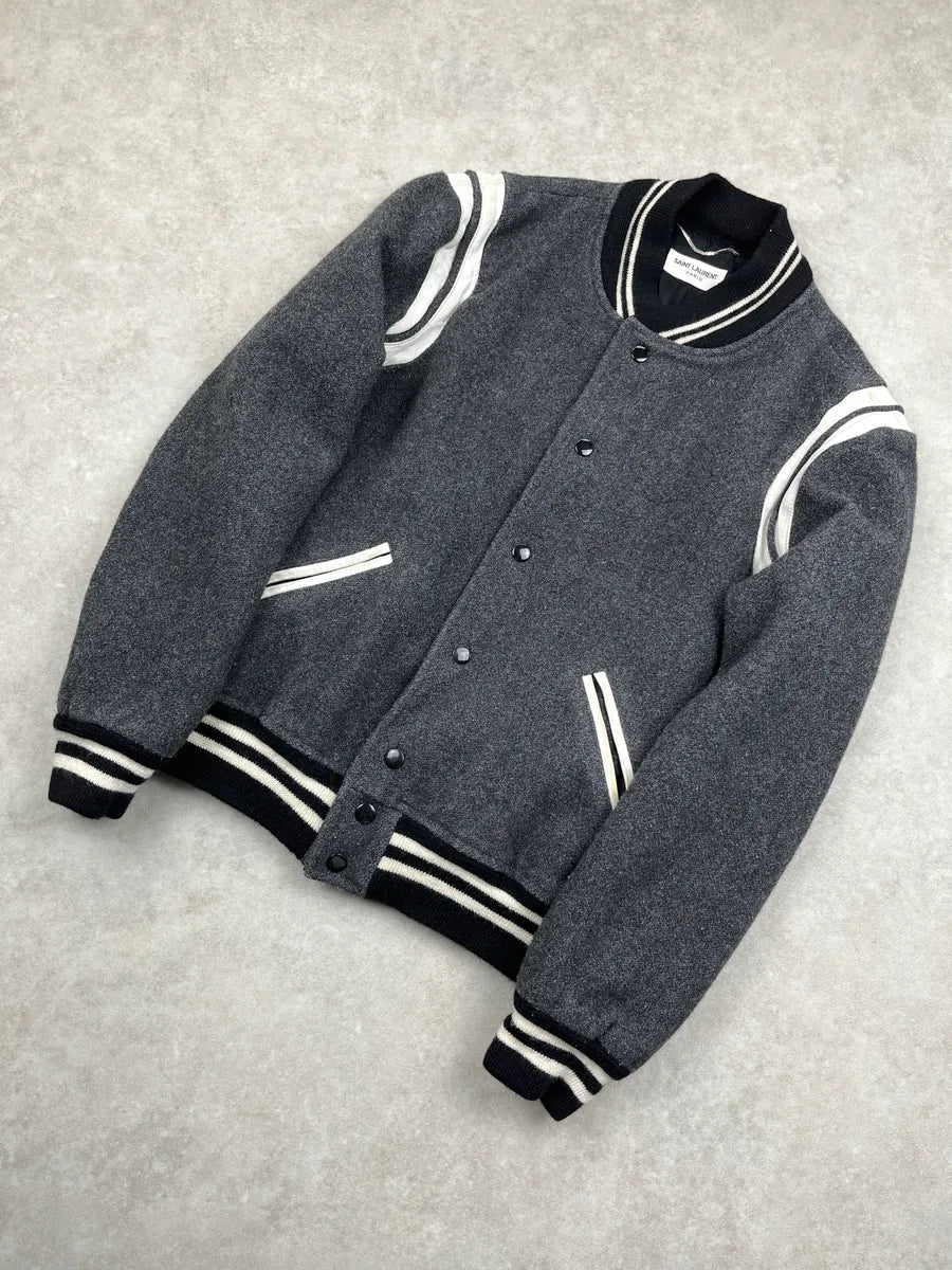 AW2017 Saint Laurent Grey Wool Leather White Stripe Teddy Jacket BIpVTqXF 7