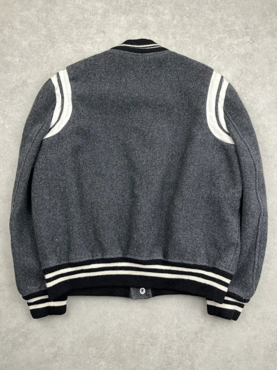 AW2017 Saint Laurent Grey Wool Leather White Stripe Teddy Jacket BIpVTqXF 4