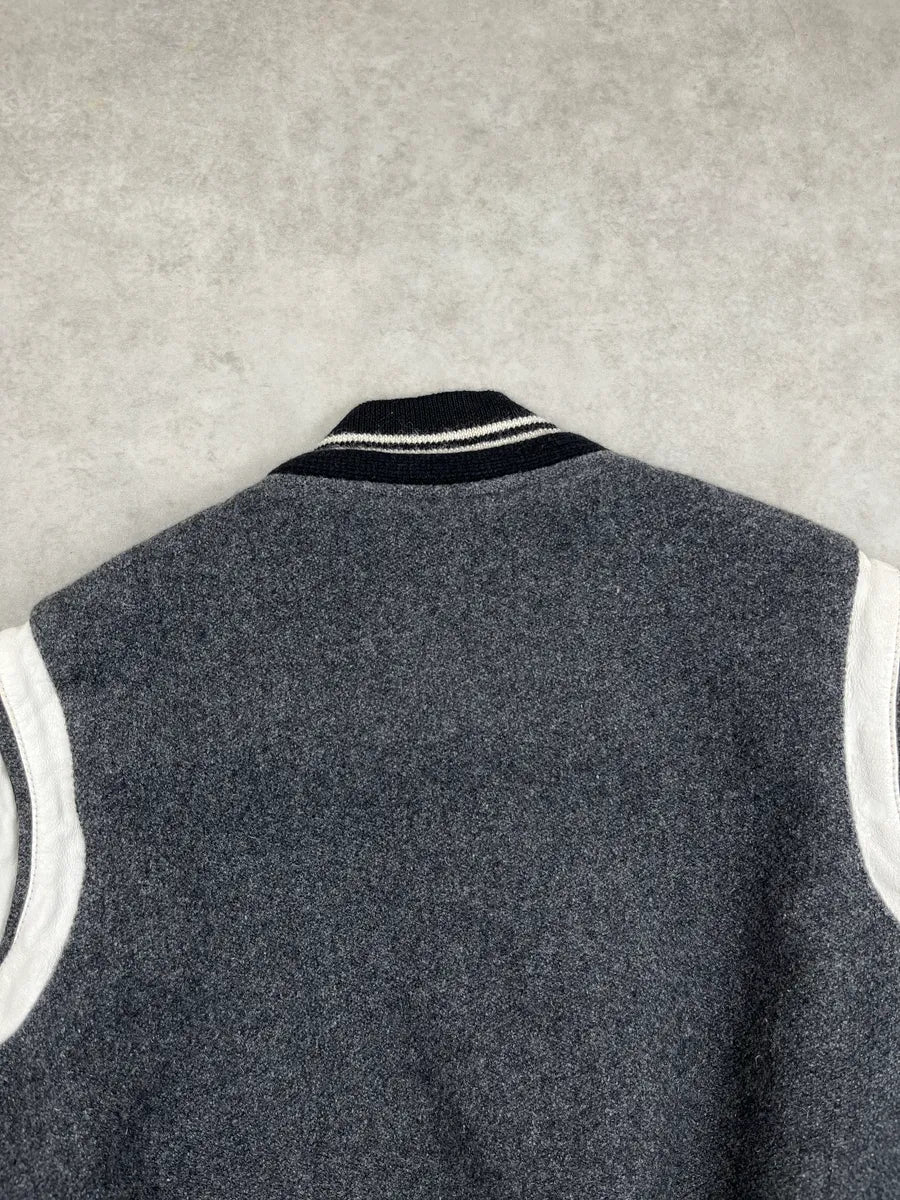 AW2017 Saint Laurent Grey Wool Leather White Stripe Teddy Jacket BIpVTqXF 6
