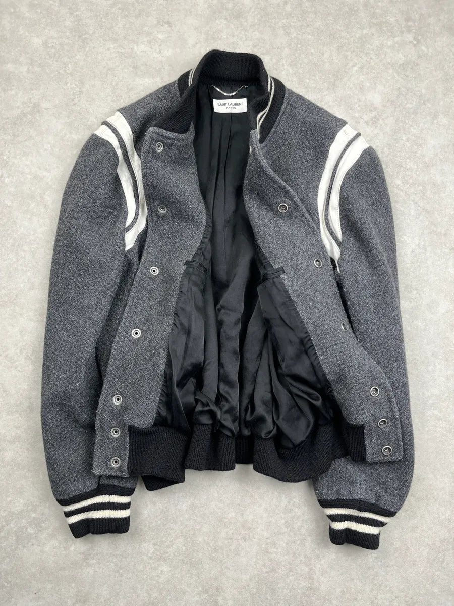 AW2017 Saint Laurent Grey Wool Leather White Stripe Teddy Jacket BIpVTqXF 3