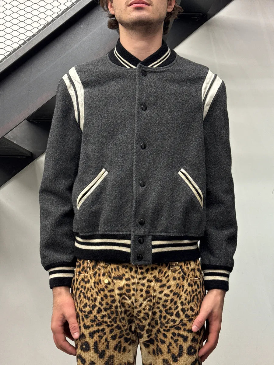 AW2017 Saint Laurent Grey Wool Leather White Stripe Teddy Jacket BIpVTqXF 1