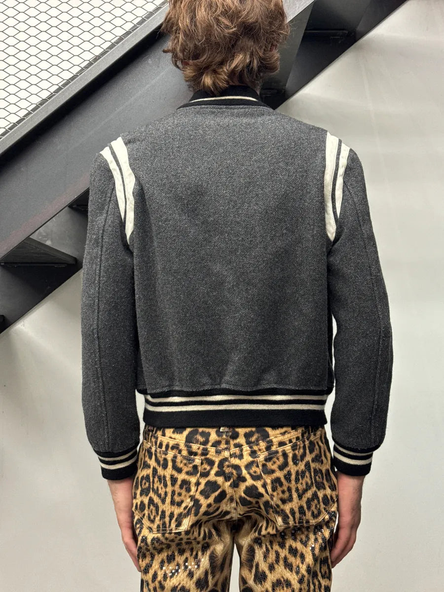 AW2017 Saint Laurent Grey Wool Leather White Stripe Teddy Jacket BIpVTqXF 2