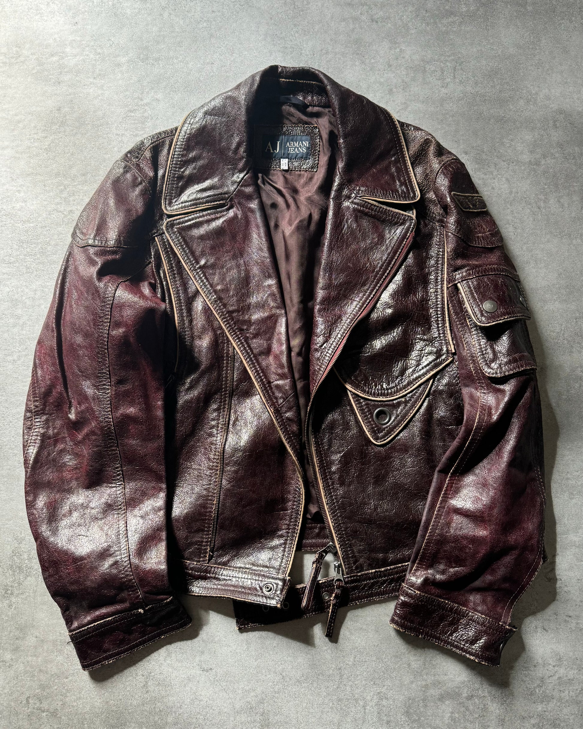 1990s Armani Dark Purple Biker Leather Jacket L Dolce Vita Hub
