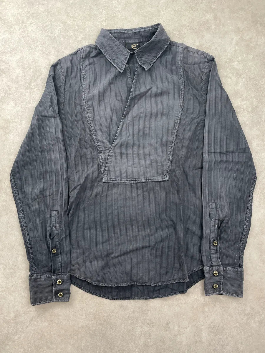 2000s Cavalli Dark Grey Textured Asymmetrical Stripe Tunisian Shirt BSYvFxgE 0
