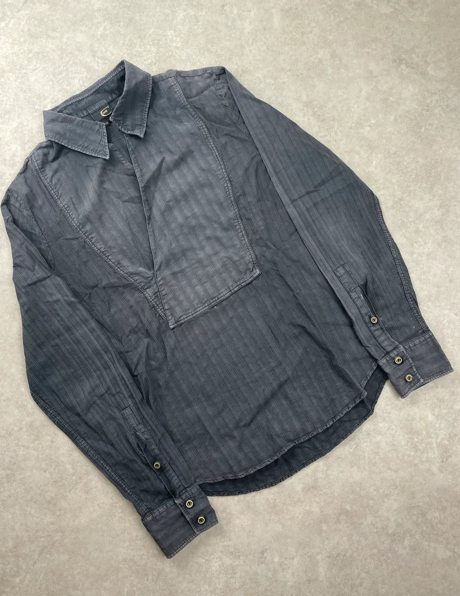 2000s Cavalli Dark Grey Textured Asymmetrical Stripe Tunisian Shirt BSYvFxgE 3