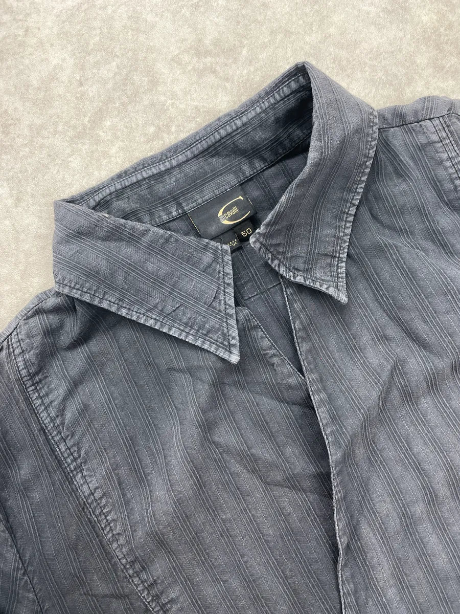 2000s Cavalli Dark Grey Textured Asymmetrical Stripe Tunisian Shirt BSYvFxgE 7