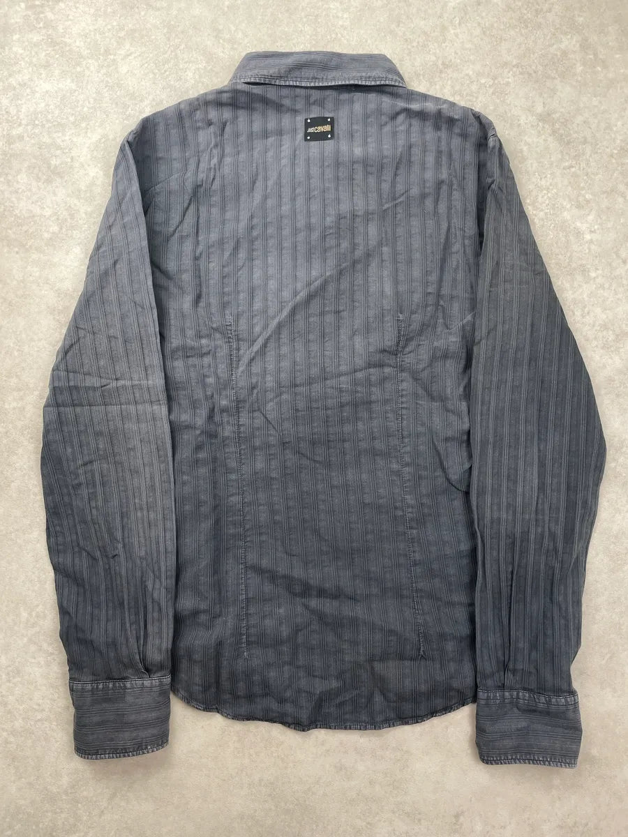 2000s Cavalli Dark Grey Textured Asymmetrical Stripe Tunisian Shirt BSYvFxgE 4