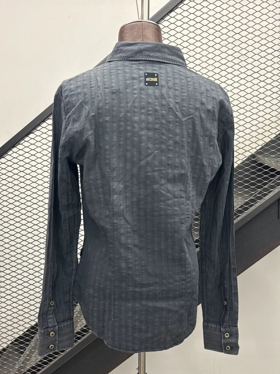 2000s Cavalli Dark Grey Textured Asymmetrical Stripe Tunisian Shirt BSYvFxgE 2