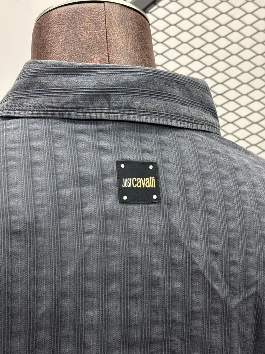 2000s Cavalli Dark Grey Textured Asymmetrical Stripe Tunisian Shirt BSYvFxgE 11
