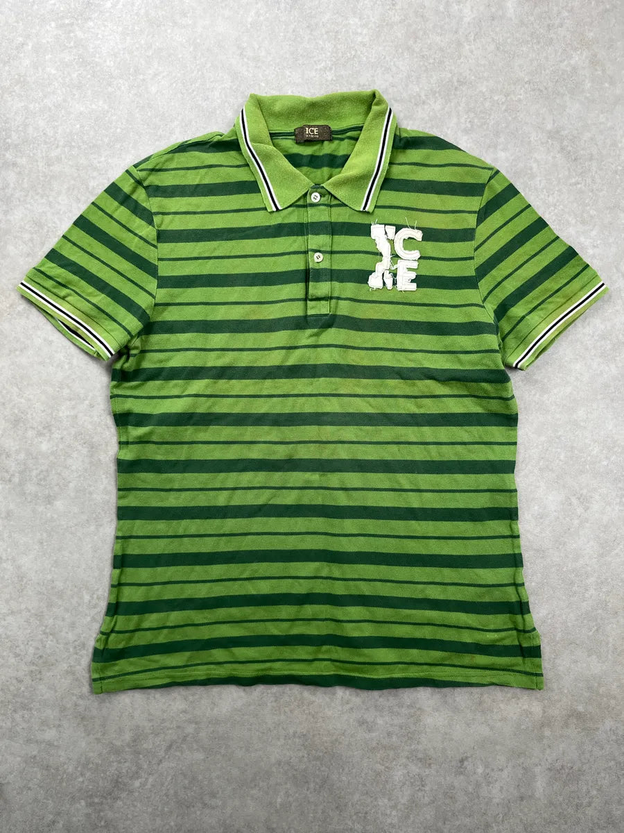 2000s Iceberg Green ICE Logo Striped Polo BaeyKThU 0