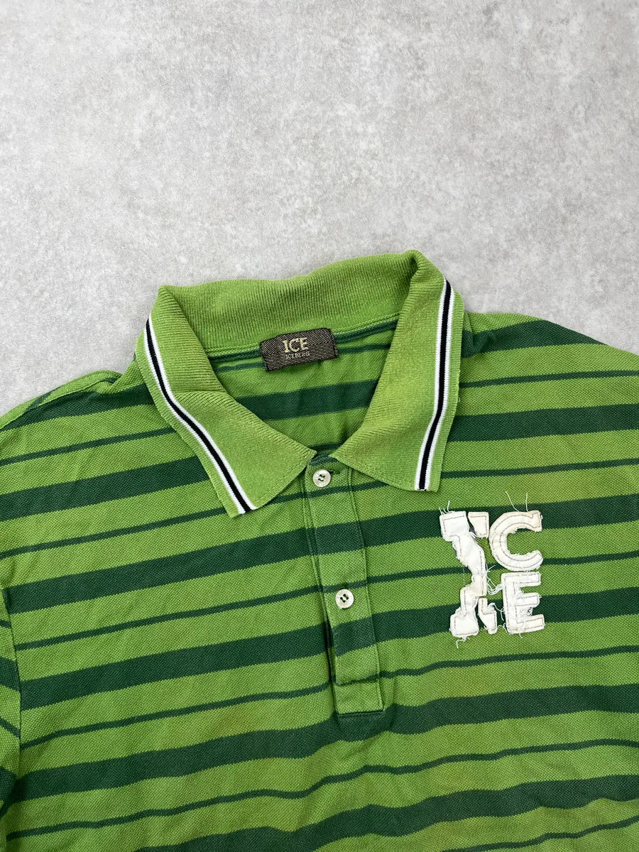 2000s Iceberg Green ICE Logo Striped Polo BaeyKThU 5