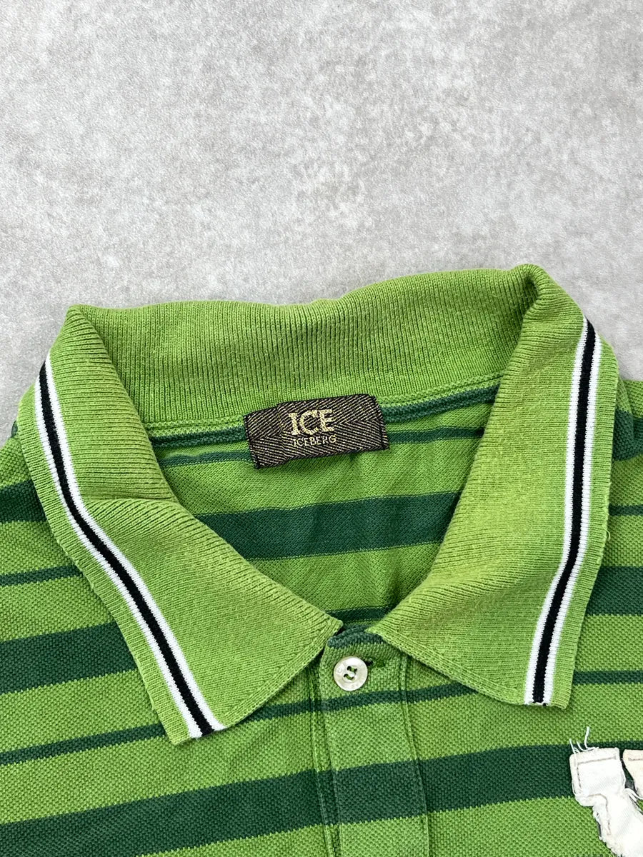 2000s Iceberg Green ICE Logo Striped Polo BaeyKThU 11