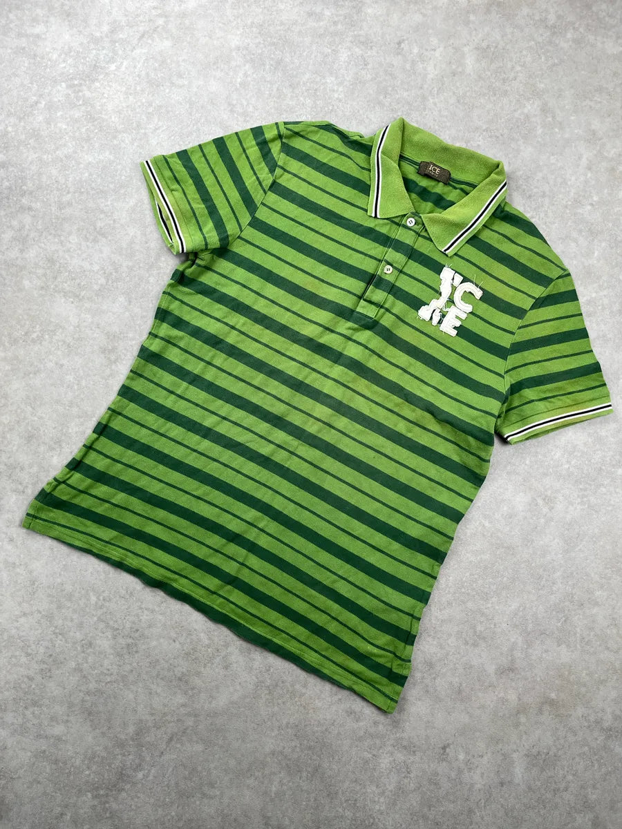 2000s Iceberg Green ICE Logo Striped Polo BaeyKThU 4