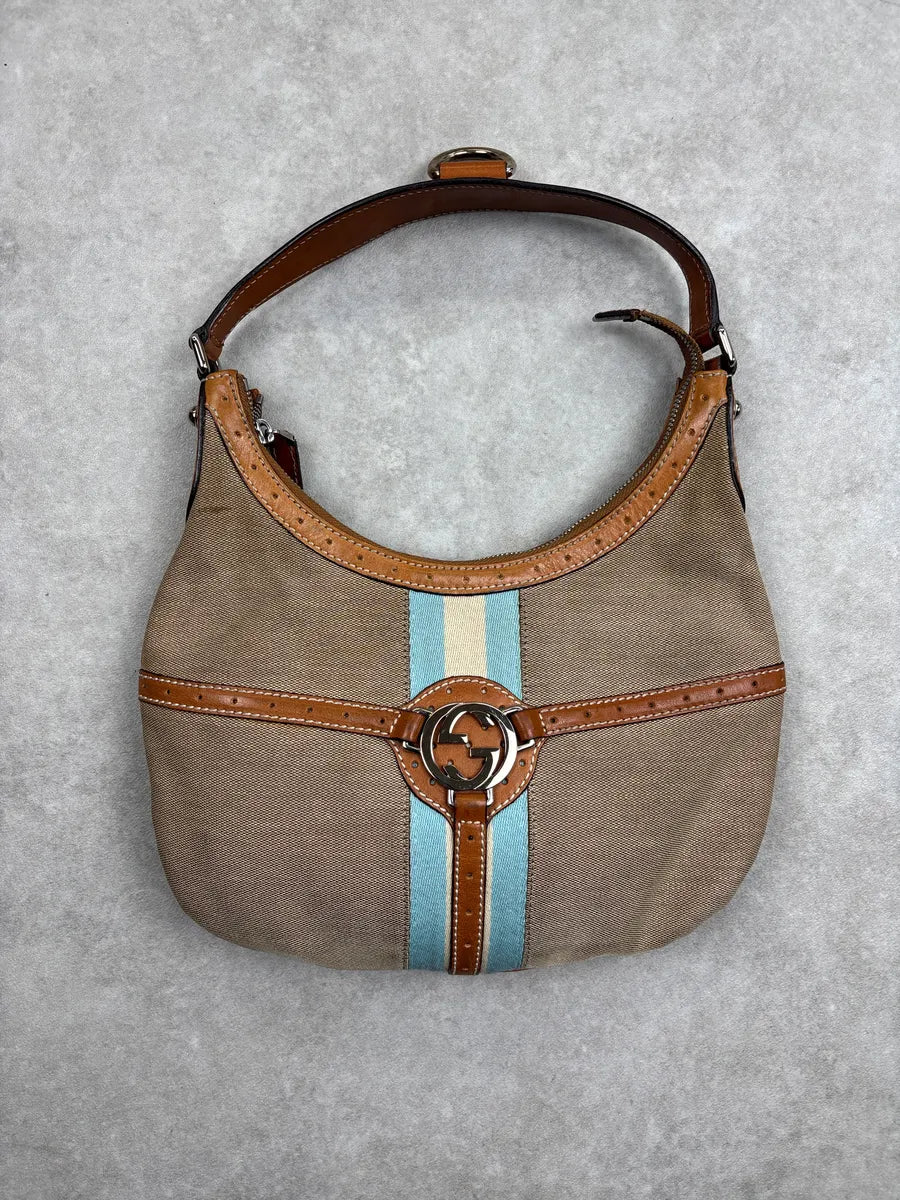 Gucci Beige Canvas Stripe GG Logo Shoulder Bag BbmLaWhl 0