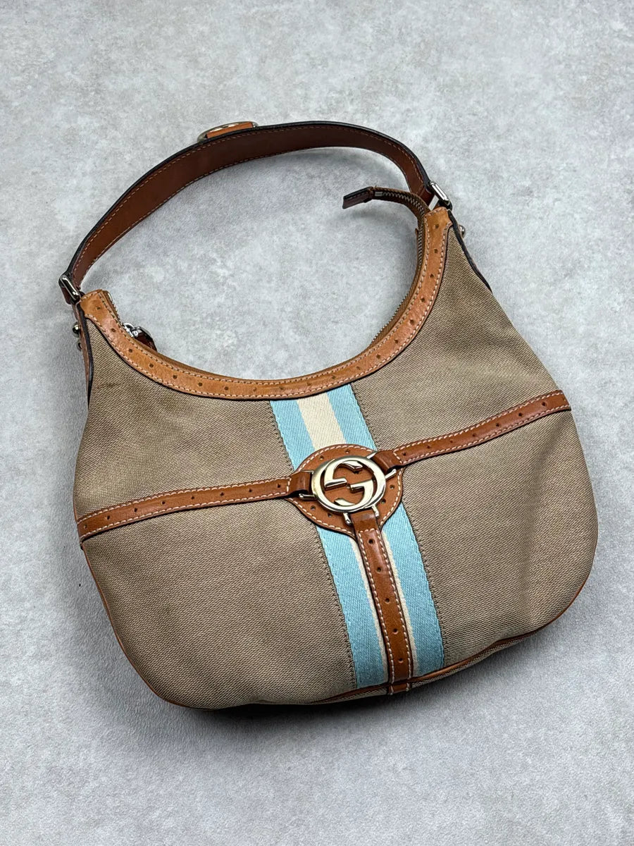 Gucci Beige Canvas Stripe GG Logo Shoulder Bag BbmLaWhl 4