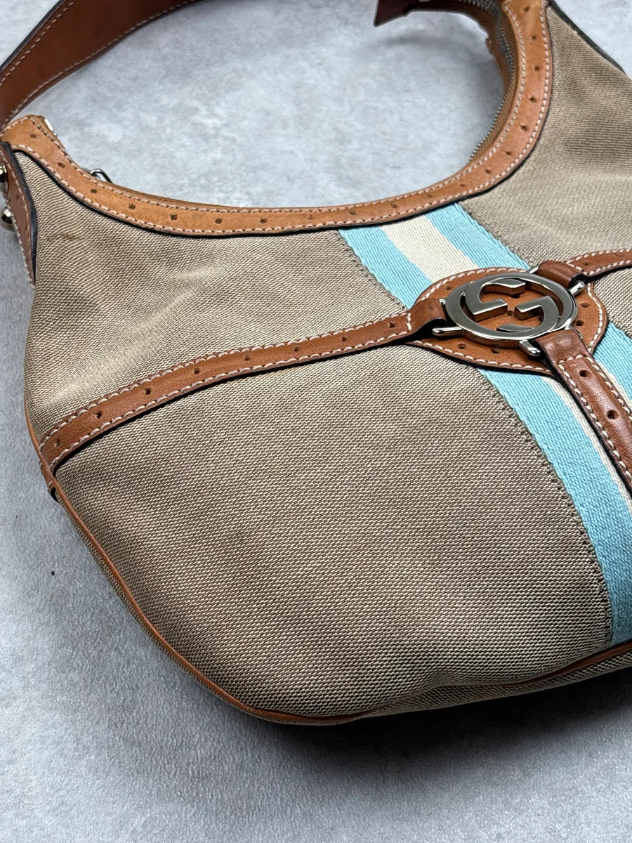 Gucci Beige Canvas Stripe GG Logo Shoulder Bag BbmLaWhl 10