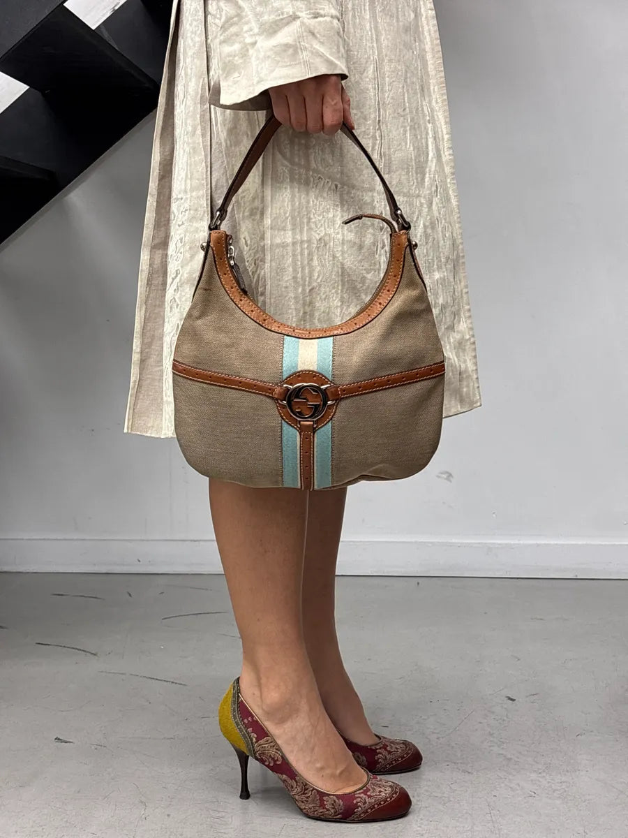 Gucci Beige Canvas Stripe GG Logo Shoulder Bag BbmLaWhl 1
