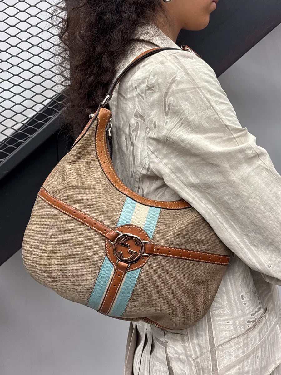 Gucci Beige Canvas Stripe GG Logo Shoulder Bag BbmLaWhl 2