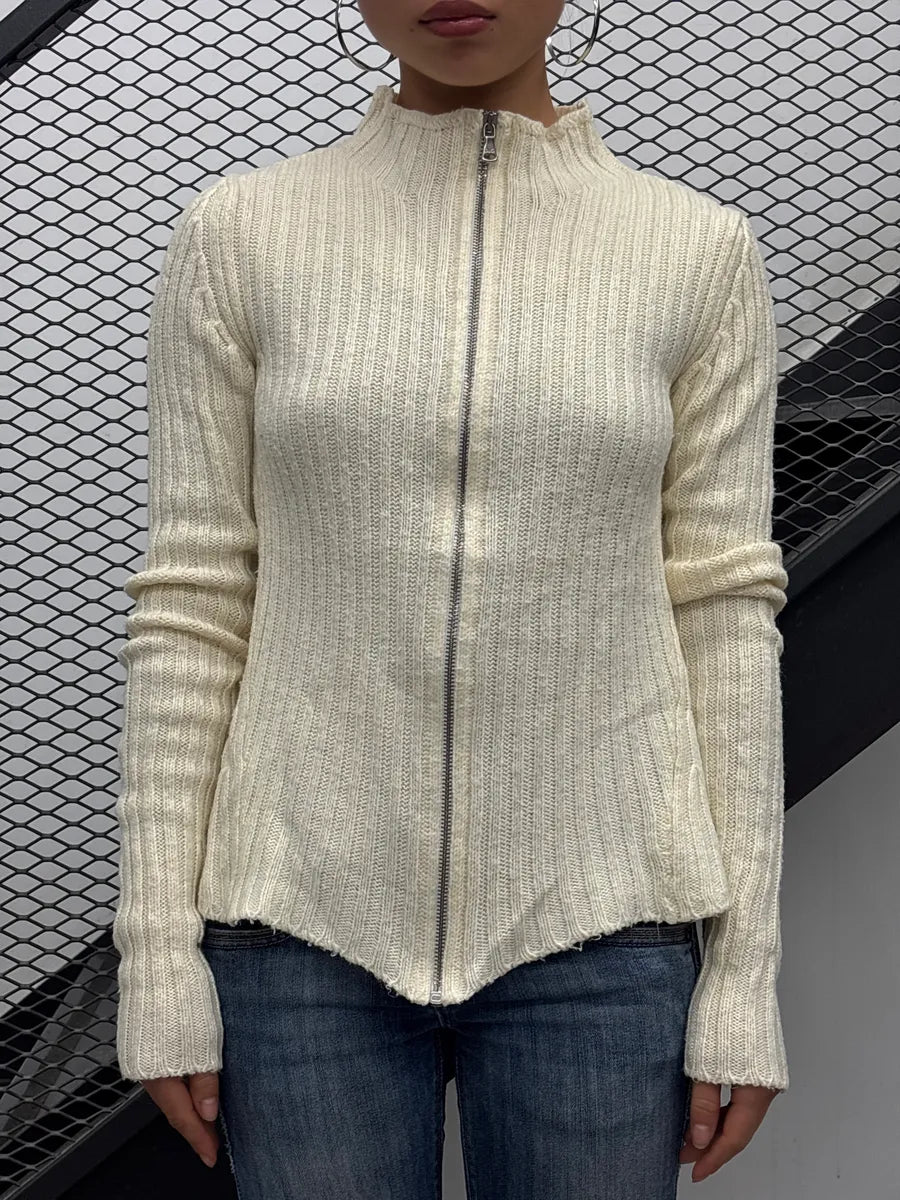 2000s Dolce & Gabbana Beige Zip-Up Ribbed Sweater BdMRWnFe 0