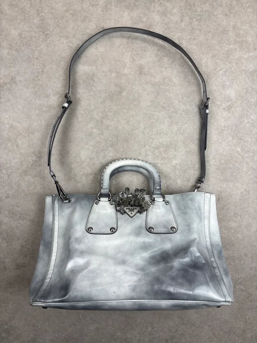 2000s Prada Grey Leather Crystal Embellished Structured Totebag BhfeiLyk 0