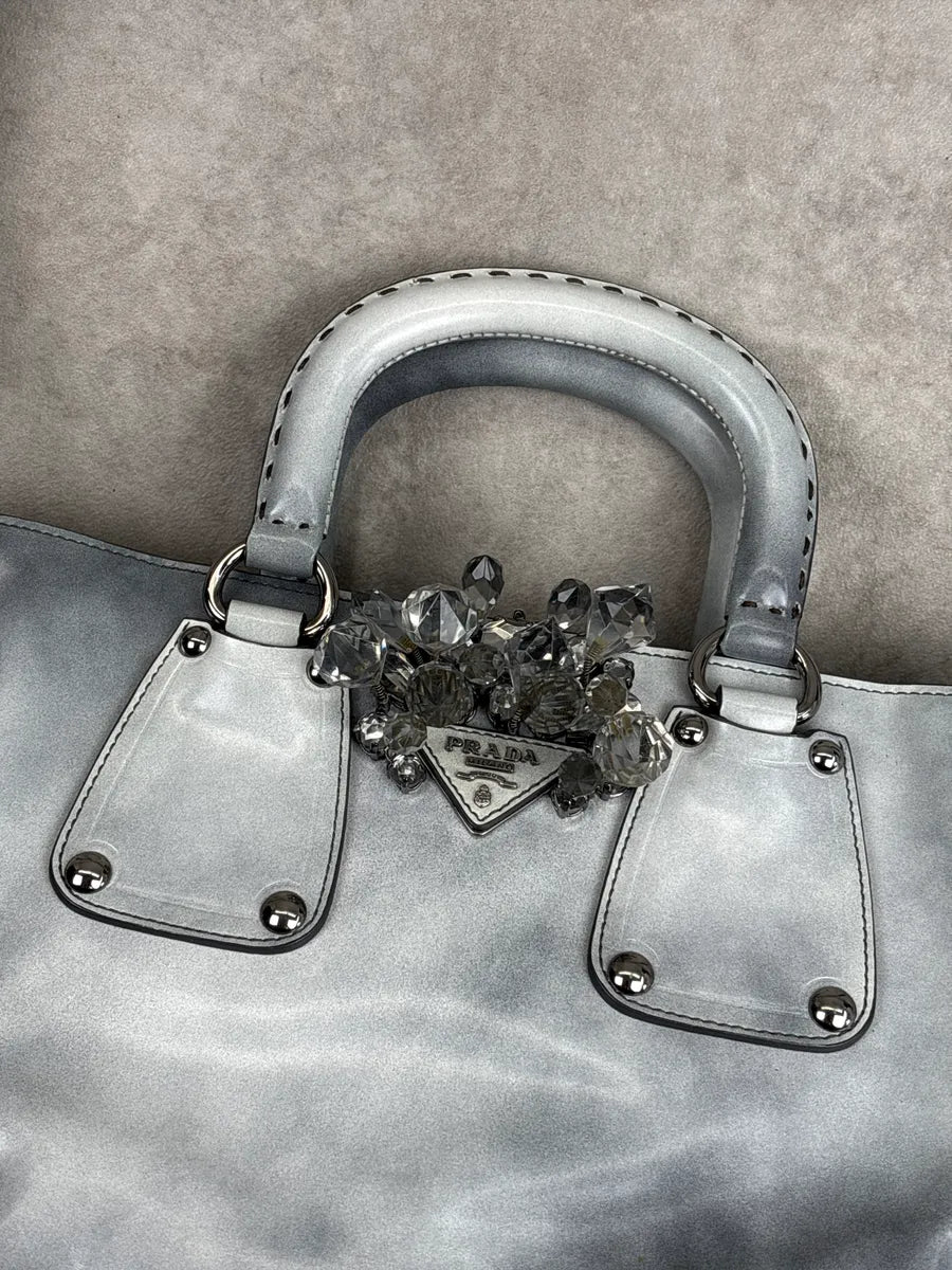 2000s Prada Grey Leather Crystal Embellished Structured Totebag BhfeiLyk 6