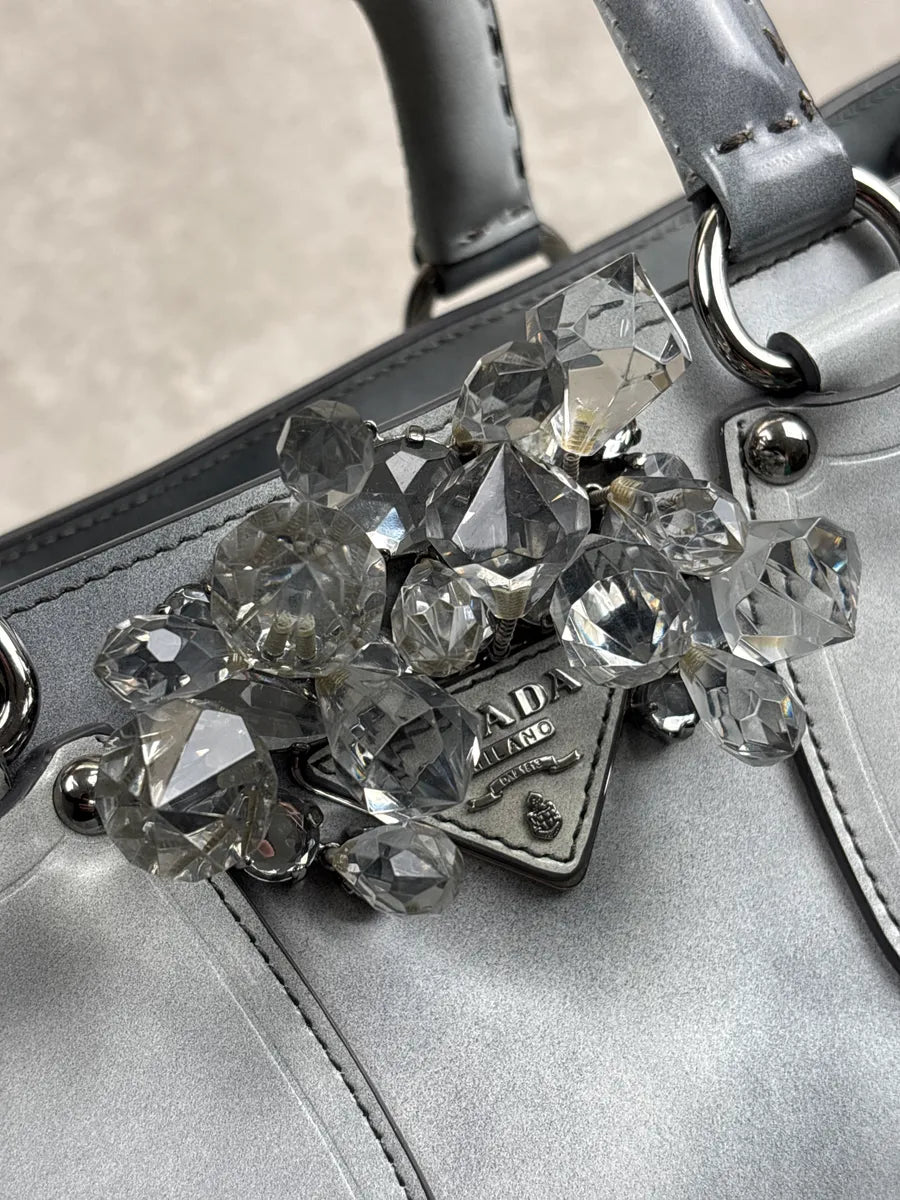 2000s Prada Grey Leather Crystal Embellished Structured Totebag BhfeiLyk 9