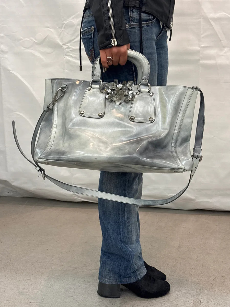 2000s Prada Grey Leather Crystal Embellished Structured Totebag BhfeiLyk 1