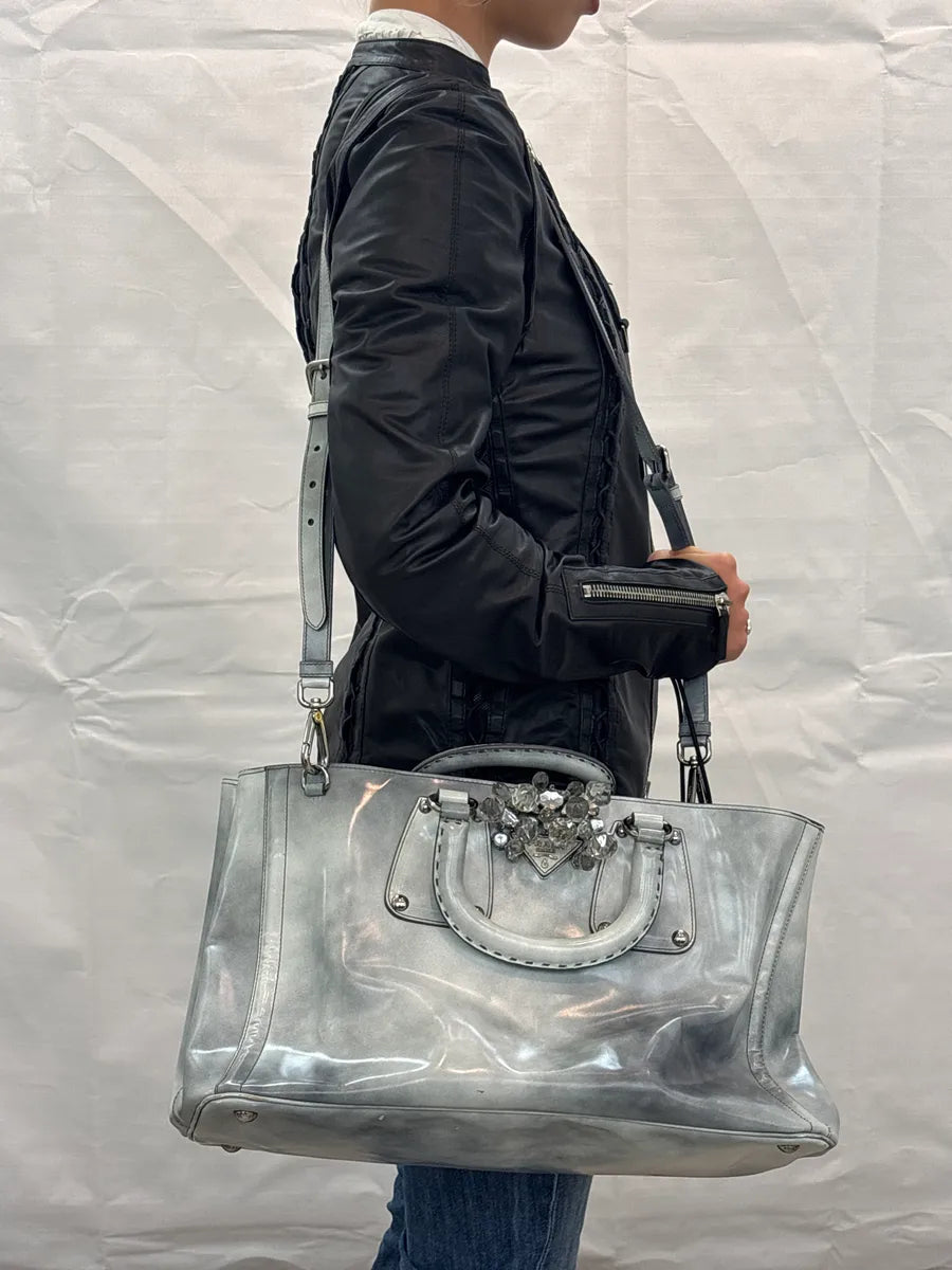 2000s Prada Grey Leather Crystal Embellished Structured Totebag BhfeiLyk 2