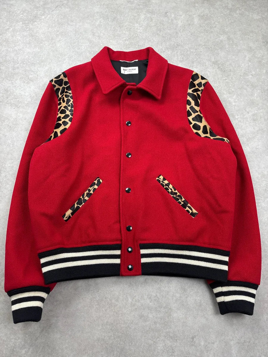 FW2014 Saint Laurent Red Wool Leopard Panel Teddy Jacket by Hedi Slimane BiIeCoYa 4