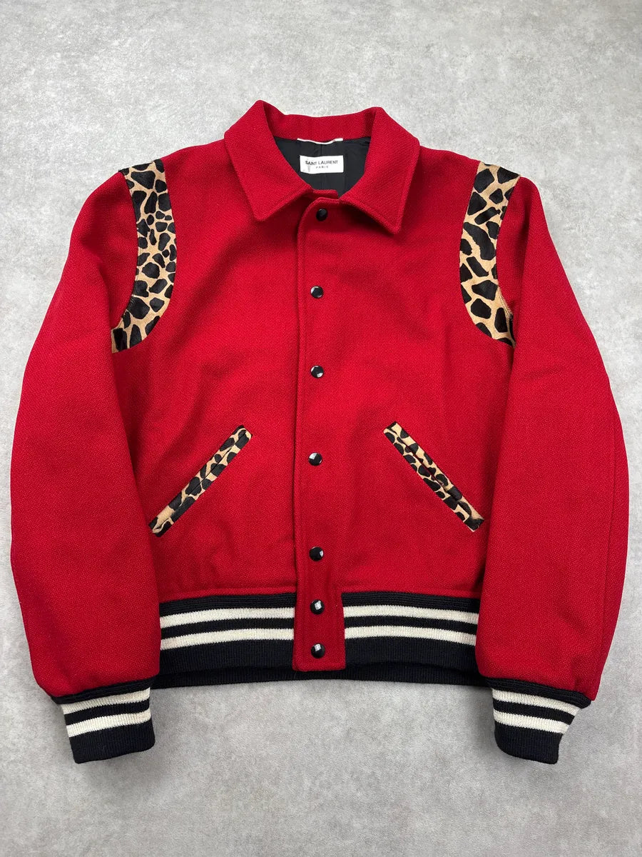 FW2014 Saint Laurent Red Wool Leopard Panel Teddy Jacket by Hedi Slimane BiIeCoYa 0