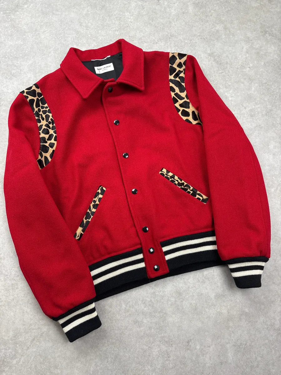 FW2014 Saint Laurent Red Wool Leopard Panel Teddy Jacket by Hedi Slimane BiIeCoYa 5