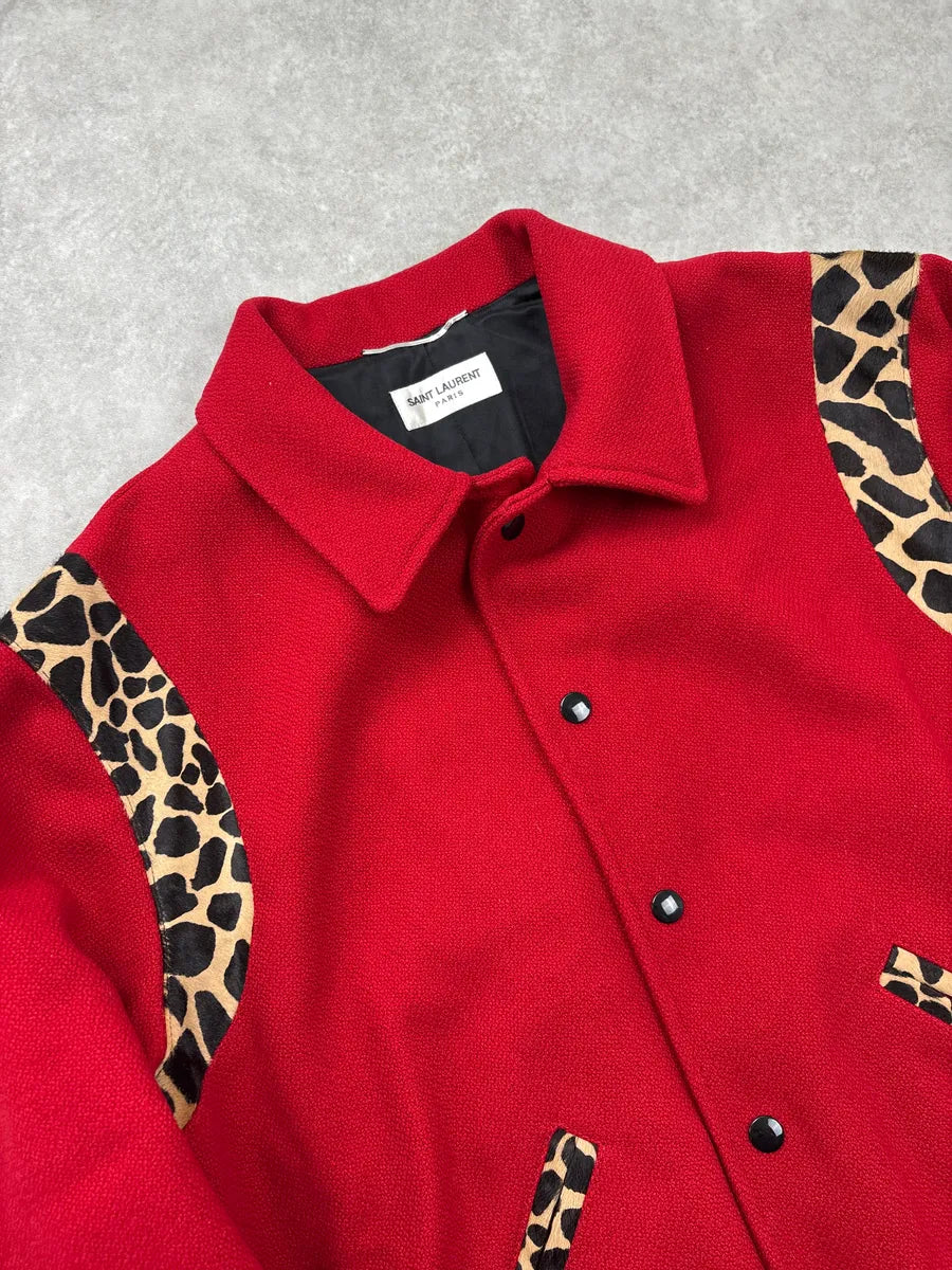 FW2014 Saint Laurent Red Wool Leopard Panel Teddy Jacket by Hedi Slimane BiIeCoYa 6