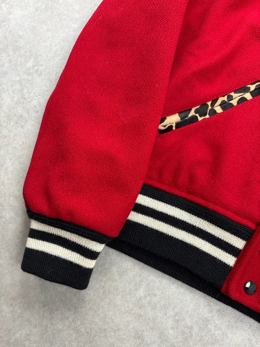 FW2014 Saint Laurent Red Wool Leopard Panel Teddy Jacket by Hedi Slimane BiIeCoYa 9