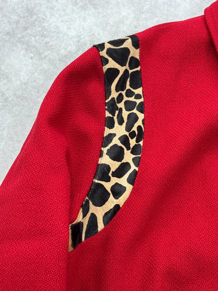 FW2014 Saint Laurent Red Wool Leopard Panel Teddy Jacket by Hedi Slimane BiIeCoYa 11