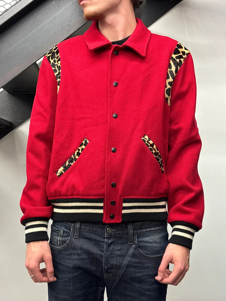 FW2014 Saint Laurent Red Wool Leopard Panel Teddy Jacket by Hedi Slimane BiIeCoYa 2