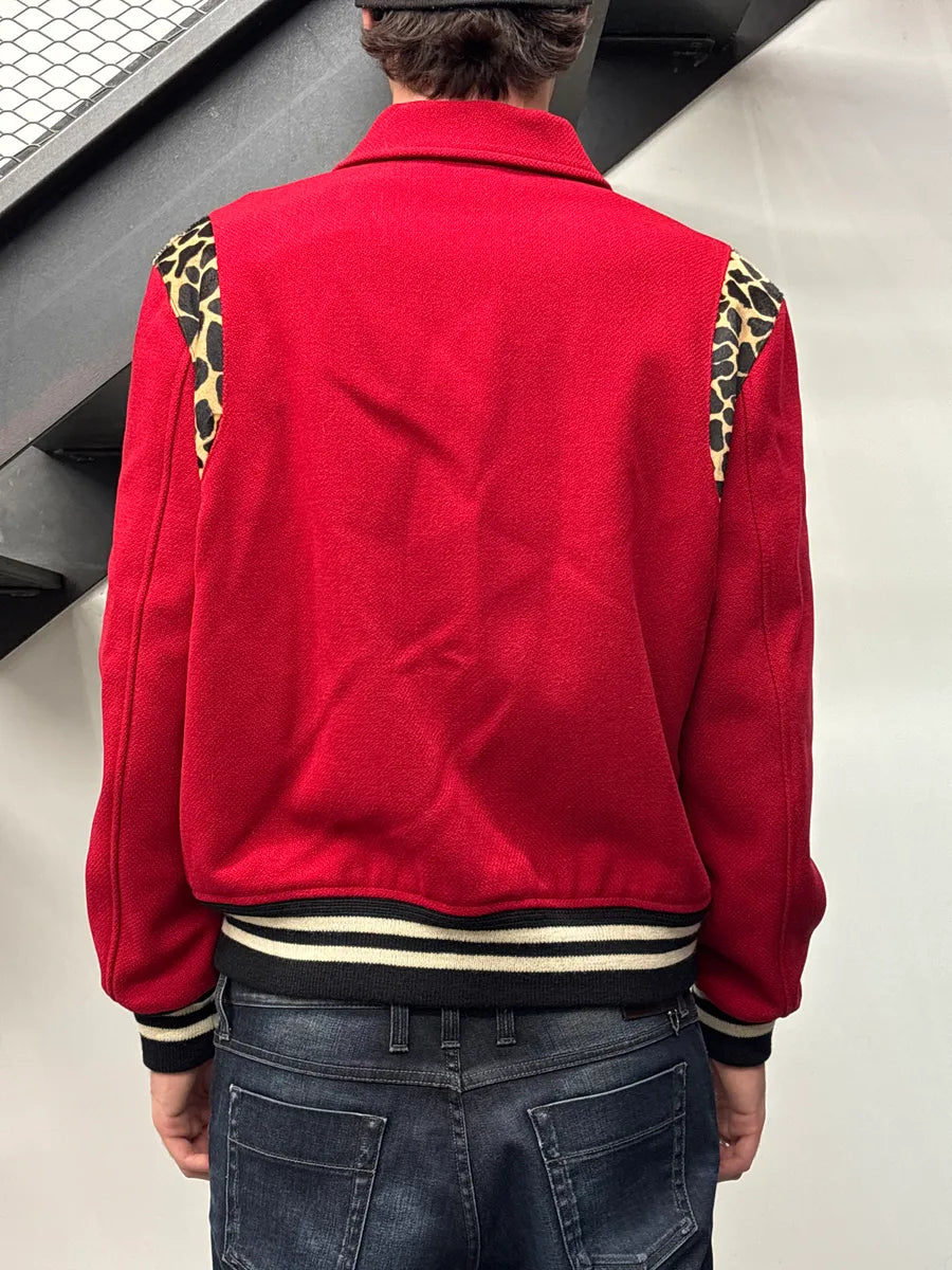 FW2014 Saint Laurent Red Wool Leopard Panel Teddy Jacket by Hedi Slimane BiIeCoYa 3