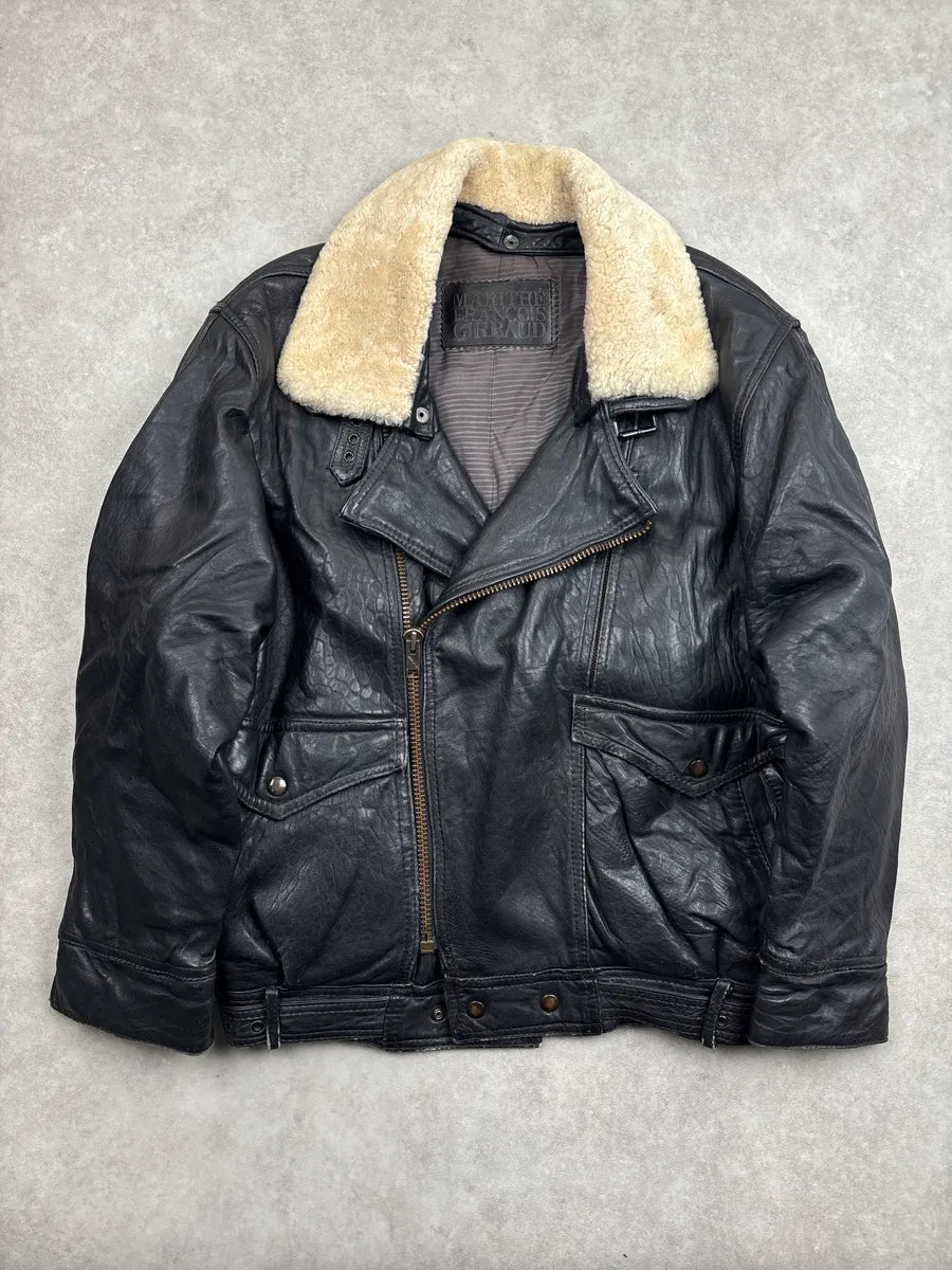 1980s Marithé + François Girbaud Black Leather Shearling Collar Biker Leather Jacket BtJlmNhs 0