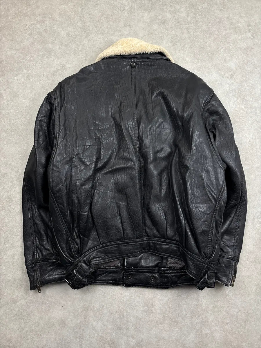 1980s Marithé + François Girbaud Black Leather Shearling Collar Biker Leather Jacket BtJlmNhs 4