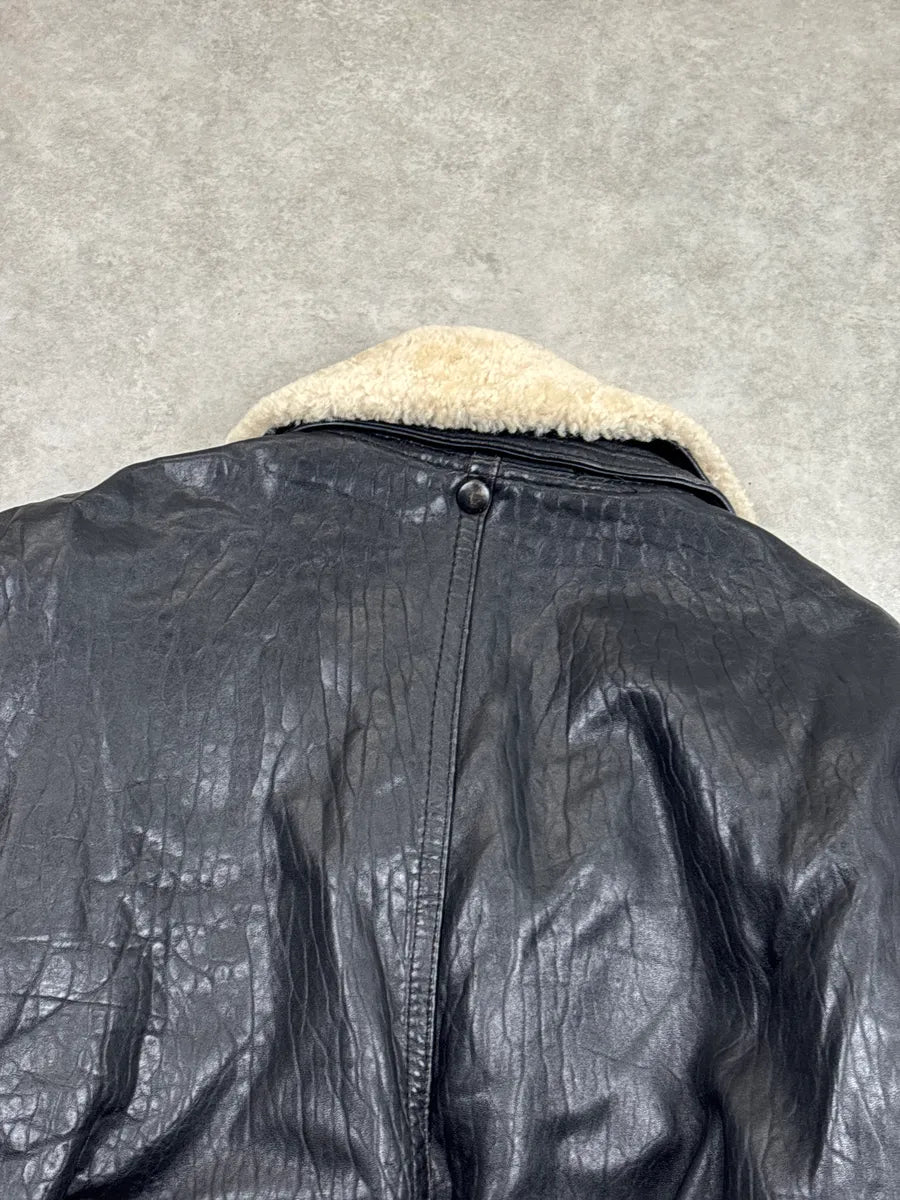 1980s Marithé + François Girbaud Black Leather Shearling Collar Biker Leather Jacket BtJlmNhs 7