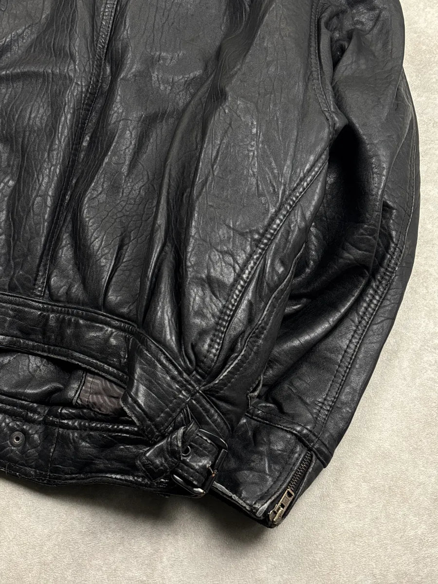 1980s Marithé + François Girbaud Black Leather Shearling Collar Biker Leather Jacket BtJlmNhs 8