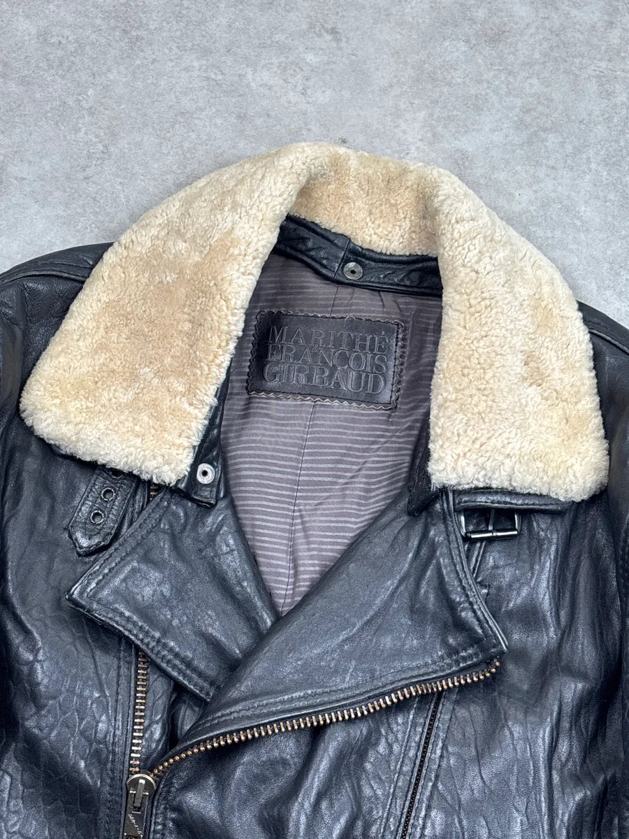 1980s Marithé + François Girbaud Black Leather Shearling Collar Biker Leather Jacket BtJlmNhs 9